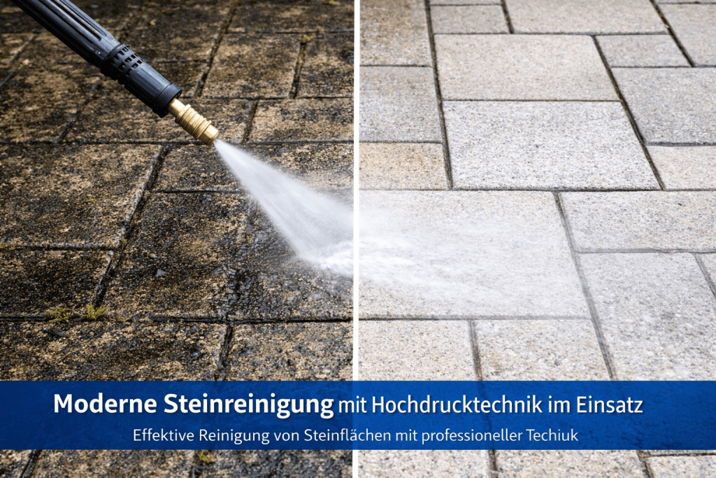 Hochdruckreiniger reinigt stark verschmutzte Pflastersteine im Außenbereich