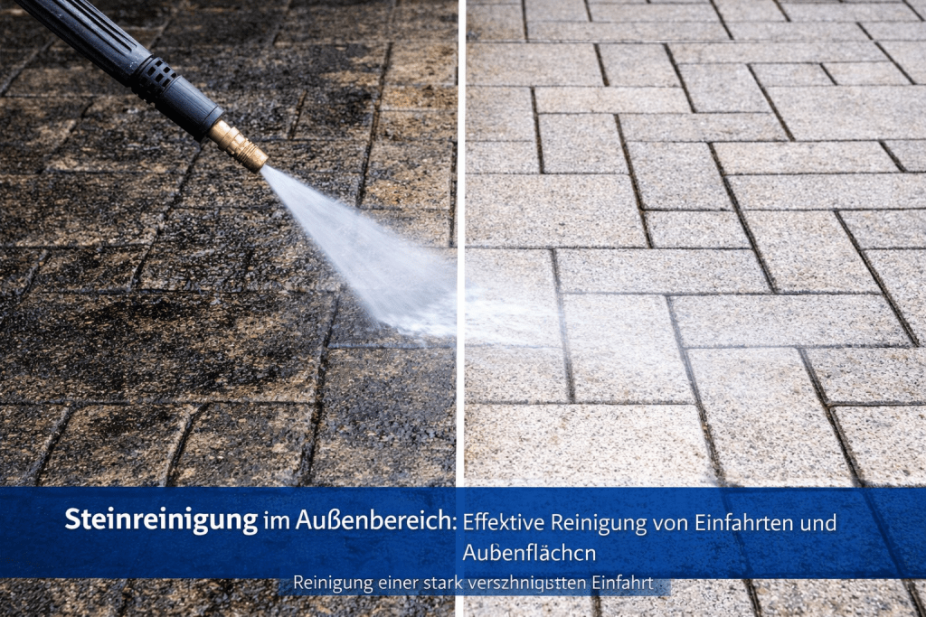 Hochdruckreiniger säubert dunkle Pflastersteine im Außenbereich