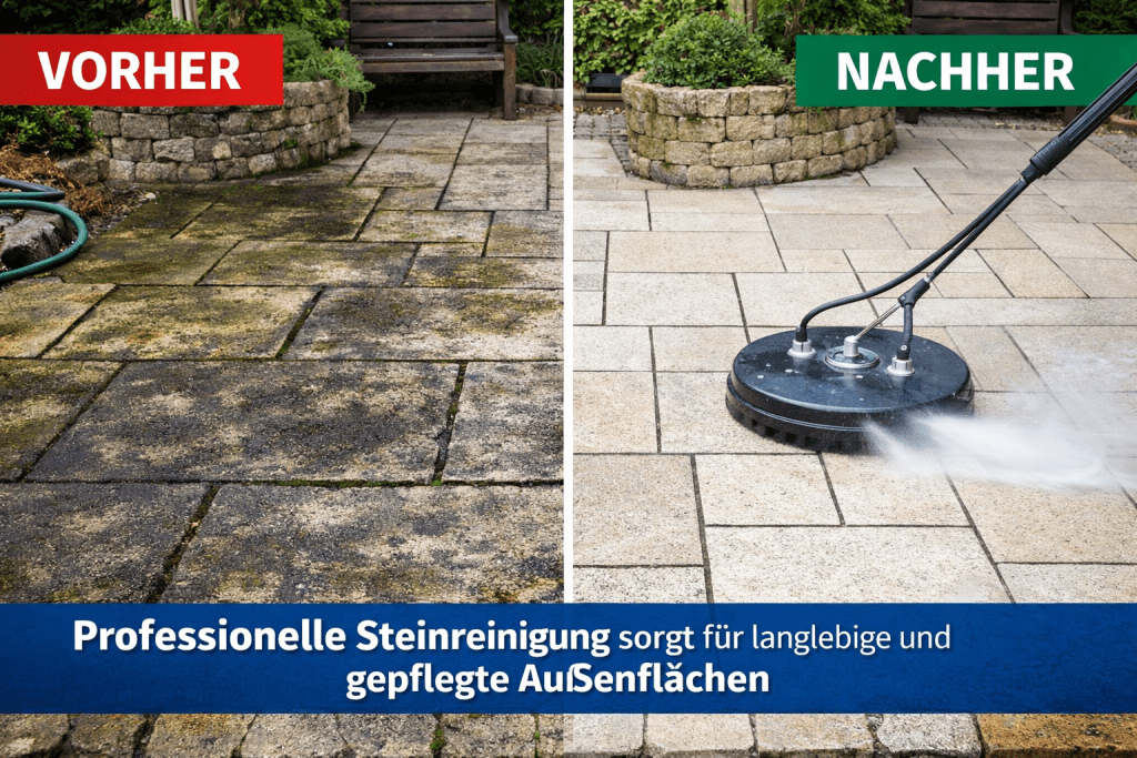 Gereinigte Steinterrasse mit vorher nachher Effekt