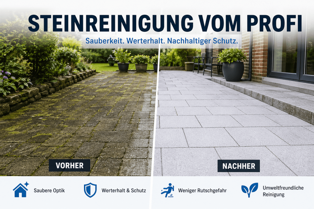 Gereinigte Terrasse mit Pflastersteinen im vorher-nachher Vergleich durch professionelle Steinreinigung