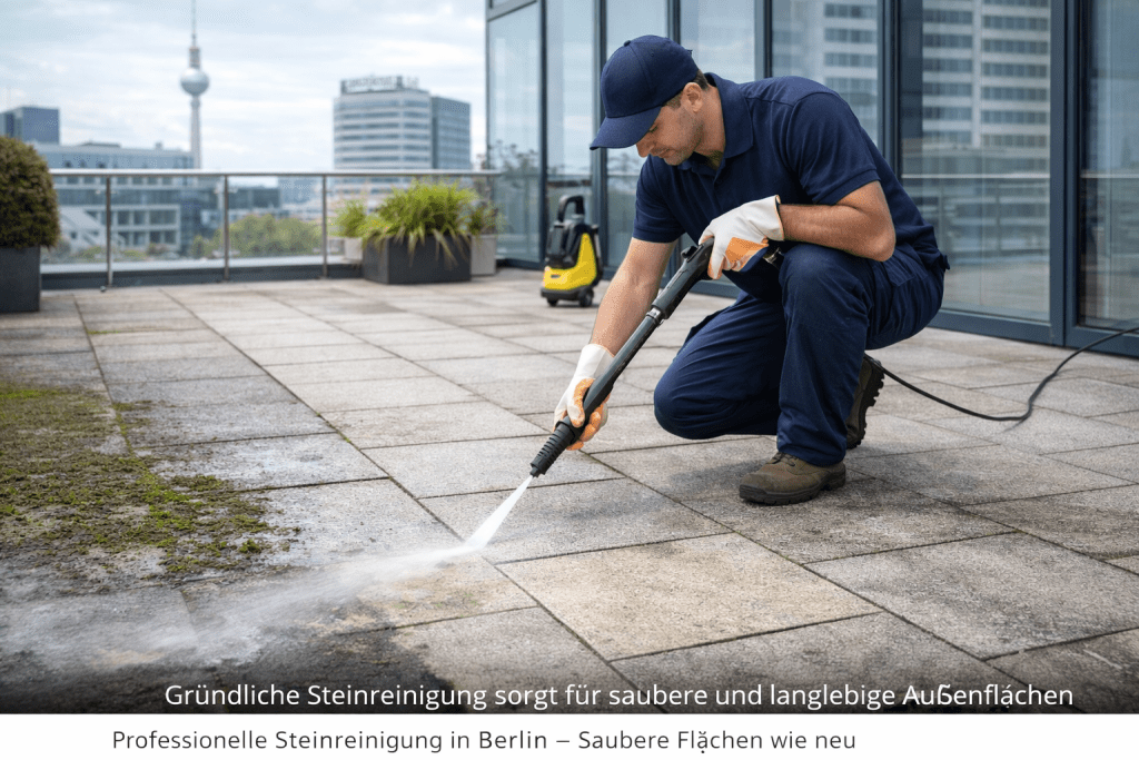 Steinreinigung Berlin mit Hochdruckreiniger auf einer Terrasse