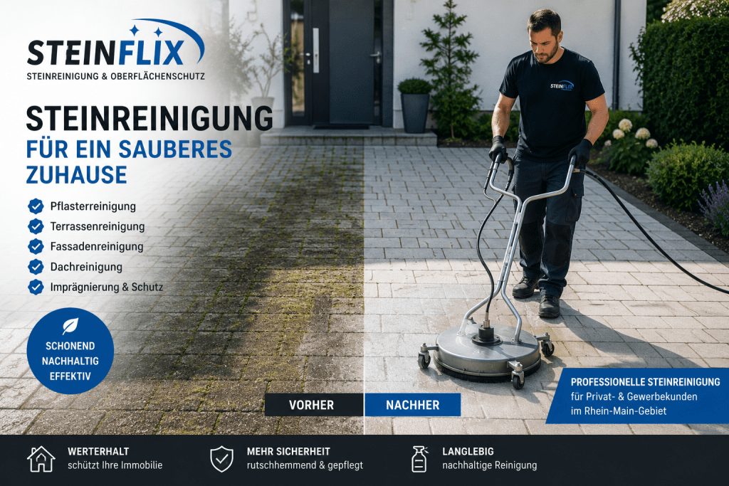 Fachkraft reinigt eine gepflasterte Einfahrt mit einem professionellen Flächenreiniger.